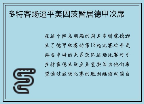 多特客场逼平美因茨暂居德甲次席